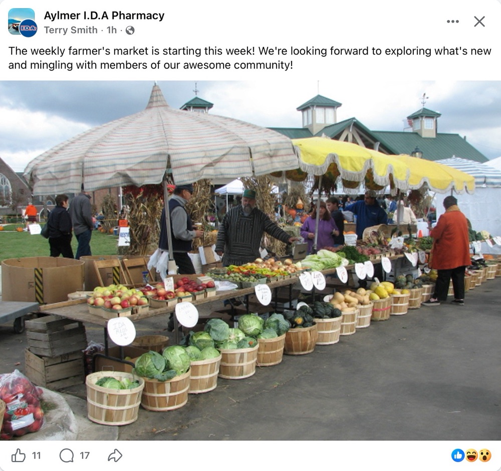 A Facebook post from Aylmer I.D.A. Pharmacy inviting the community to the weekly farmers' market