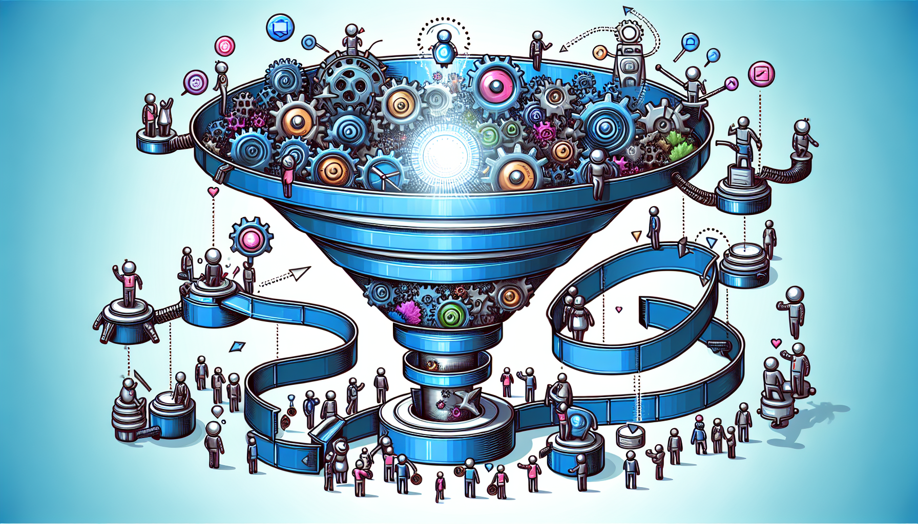 Illustration of conversion optimization strategies with funnel, data analysis, and customer interaction